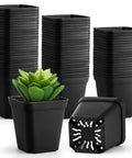 80 Pcs 4 Inch Nursery Pots With Drainage Holes Plastic Seed Starter Pots for seedlings, stacked black pots and one with succulent