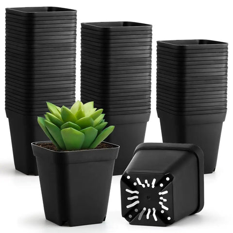 80 Pcs 4 Inch Nursery Pots With Drainage Holes Plastic Seed Starter Pots for seedlings, stacked black pots and one with succulent