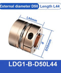 Heavy Duty Eight Screw Diaphragm Servo To Shaft Coupler Fits 25 Millimeter Shafts, D50L44 model with diameter and length dimensions.