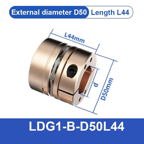 Heavy Duty Eight Screw Diaphragm Servo To Shaft Coupler Fits 25 Millimeter Shafts, D50L44 model with diameter and length dimensions.