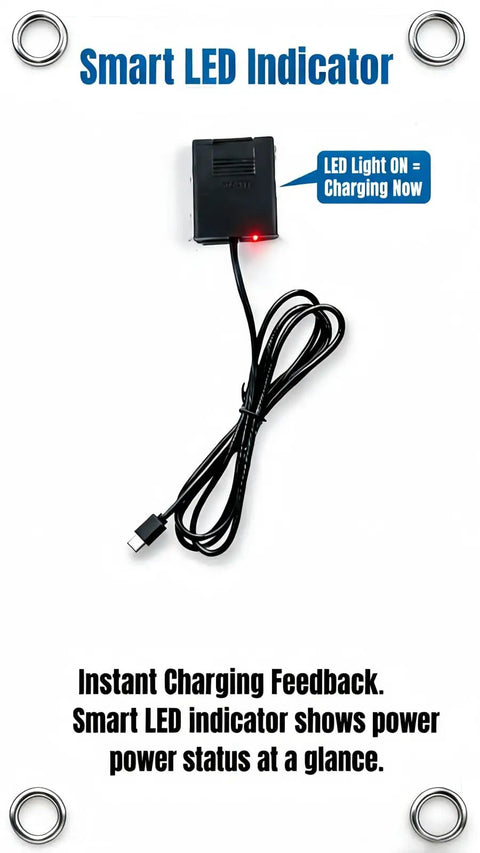 Smart LED indicator on 15W Flexible Waterproof Solar Panel USB C Charger With Micro USB And Barrel Port showing charging status.