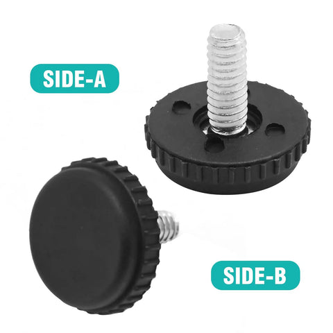 Stainless Steel Adjustable Furniture Feet One Quarter Twenty Thread Screwed In Levelers, two views, showing thread detail and base.