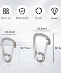 Two stainless steel marine carabiner snap hooks (2-pack) for boat docking; small 33.9×58.7mm, large 43.6×80.6mm.