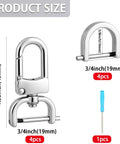 4 Pack Detachable Snap Hook Swivel Clasps With D Rings For DIY Purse Strap Replacement, Silver Three Quarter Inch, Rust Resistant Zinc Alloy Hardware shown with sizes.