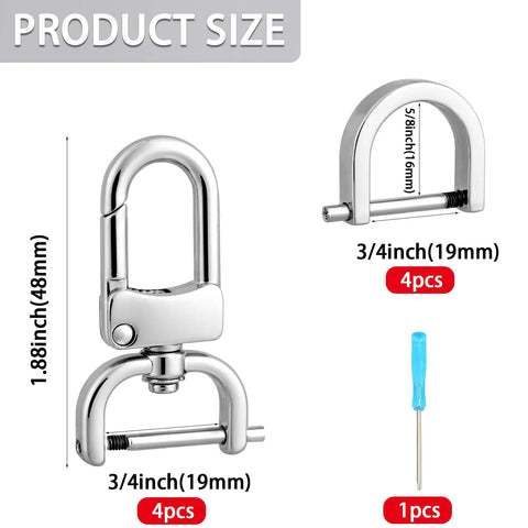 4 Pack Detachable Snap Hook Swivel Clasps With D Rings For DIY Purse Strap Replacement, Silver Three Quarter Inch, Rust Resistant Zinc Alloy Hardware shown with sizes.