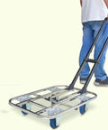 Heavy Duty Flatbed Cart Folding Hand Truck With Stainless Steel Tubing Telescopic Lever Wide Deck Platform 60x40 Size 3 Inch Wheel System Durable Construction For Worksite Or Warehouse Moving Heavy Loads. Stainless steel cart with telescopic handle and blue wheels