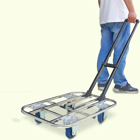 Heavy Duty Flatbed Cart Folding Hand Truck With Stainless Steel Tubing Telescopic Lever Wide Deck Platform 60x40 Size 3 Inch Wheel System Durable Construction For Worksite Or Warehouse Moving Heavy Loads. Stainless steel cart with telescopic handle and blue wheels