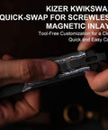Close-up of a hand adjusting the FatCarbon Nebula inlay on a Militaw 315 KwikSwap EDC Pocket Knife 3.1 Inch M390 handle.