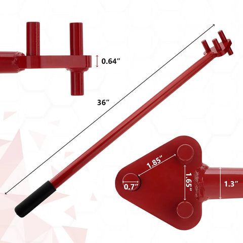 Heavy Duty Manual Rebar Bender For 5/8 Inch Steel Rod, 36-inch red tool showing leverage points and dimensions.