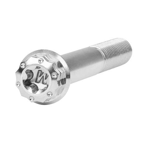 Side view of titanium M8 flange bolt with 12-point head and long threaded shaft