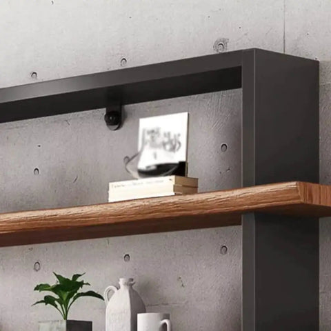 Close-up of Rock Solid Industrial Bookshelf With Thick Solid Wood Shelves Five Tier Floor Standing Unit For Living Room Or Office.