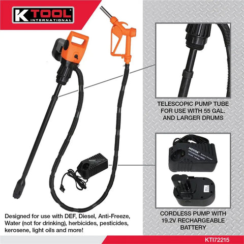 No Fuss Cordless 19.2V Drum Pump With Telescopic Tube Fitting 55 Gallon Barrels And Ibc Tanks featuring 2 Inch Bung Adapter.
