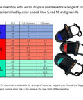 Size chart with Double Hook And Loop Strapped Safety Overshoes With Steel Toe Caps in blue, red, green sizes.