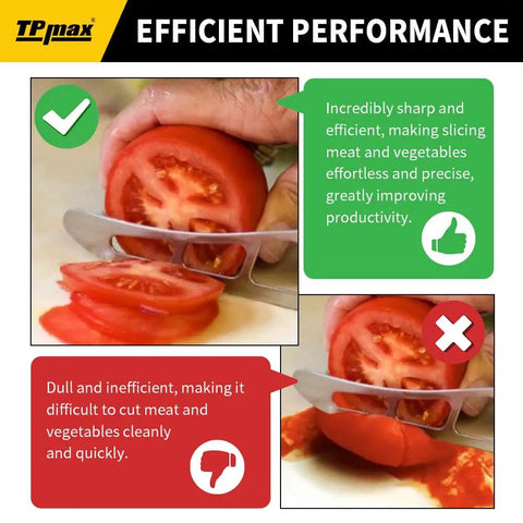 Comparison of sharp and dull knife cutting a tomato showing efficient performance