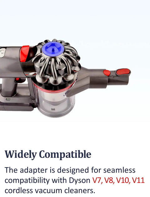 V7 V8 V10 V11 Cordless Vacuum Adapter Attachment Set shown attached to Dyson vacuum cleaner for quick switchouts.