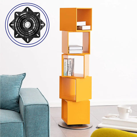 Beefed Up Heavy Duty 10 Inch Bar Stool Swivel Plate With Solid Ring Ball Bearings, shown next to yellow rotating bookshelf