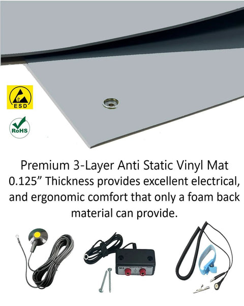 Front view of Groundhug ESD anti-static gray vinyl mat, 2' x 10', with wrist strap and grounding cable.