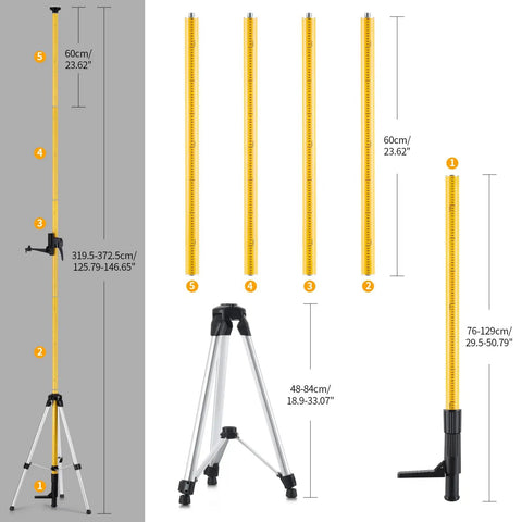 Beefed Up Pro Grade Telescoping Laser Pole With Tripod For Rotary And Line Lasers, 12 Feet 3.7 M Adjustable Height, includes adapters