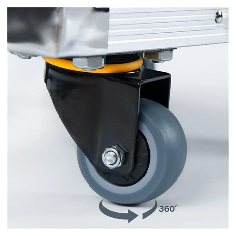 Close-up of a 360-degree swivel wheel on a rugged alloy toolbox with built-in handle and rolling trolley, portable hard case for tools and gear.