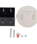 Heavy Duty Stainless Steel Round Recessed Floor Outlet With Dual Three Prong Sockets, components visible including mounting box and screws.