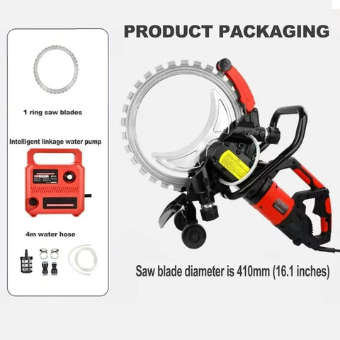 Heavy Duty 16 Inch Electric Concrete Ring Saw With A Beast Mode 8980 Watt Motor And Water Cooling System, showcasing the sawing mechanism and accessories.