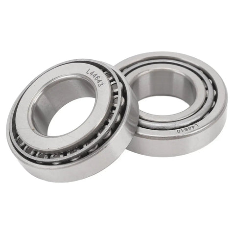 Two steel L44643 inner and outer bearings from All In One Trailer Wheel Hub Bearings Kit With L44643 Inner And Outer Bearings And Grease Seals Races And Hardware Steel Alloy Set For 1 Inch Axle 2000 To 2200 Lbs No Hassle Easy Install Replacement Pack