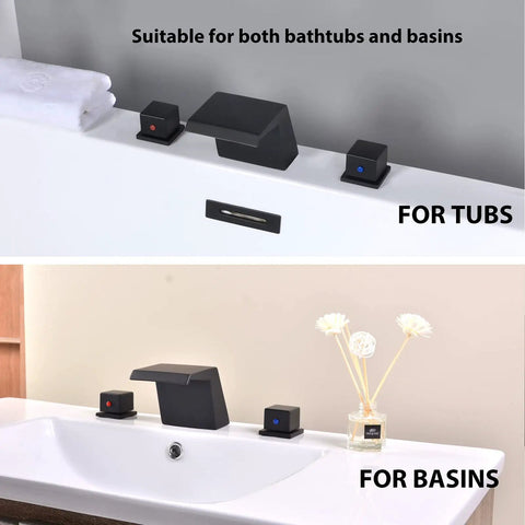 Matte Black Deck Mount Tub Faucet With Waterfall Spout, 3 Hole Roman Tub Filler Set, Two Handle Water Mixer For Bathtubs and Basins