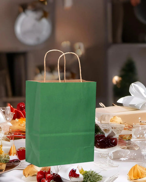 Deep Green Kraft Paper Bags With Handles Bulk 600 Pack Small Gift Bags 8x6x3 Inches For Party Gift Wrapping