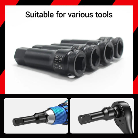 One Half Inch Drive Master Impact Hex Bit Set With SAE And Metric Bits shown with various tool compatibility