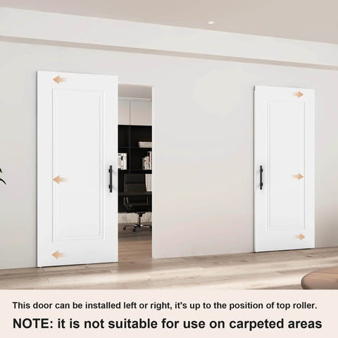 Concealed Barn Door Kit 36x84 with soft close hardware and matte black pulls, shown installed in white room, solid core, flat panel.