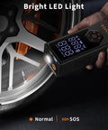 Portable Tire Inflator Air Compressor With 7800mAh Battery, 12V DC Power, 150 PSI, digital display near car tire