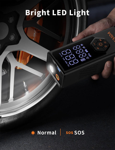 Portable Tire Inflator Air Compressor With 7800mAh Battery, 12V DC Power, 150 PSI, digital display near car tire