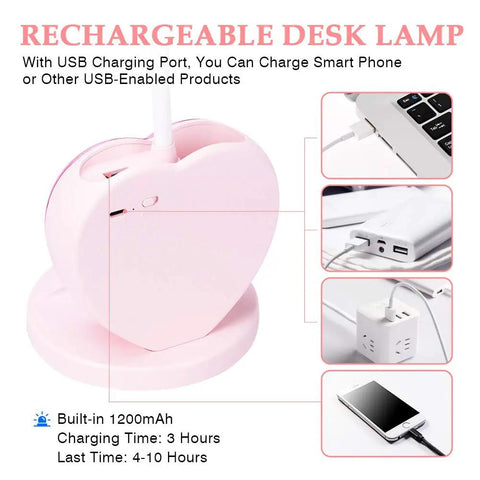 Cute Pink Desk Lamp With USB Charging Port, Pen Holder And Phone Stand showcasing charging capabilities and heart design
