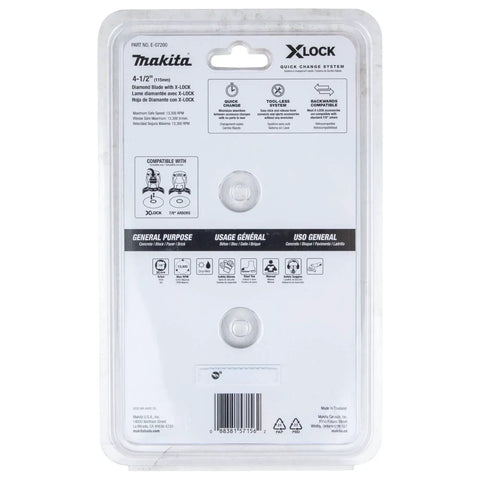 Back view of X-Lock 4-1/2 Inch Segmented Diamond Masonry Blade, 2-Pack packaging with instructions and compatibility details.