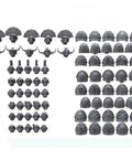 Battle Ready Helmet And Shoulder Pad Pack For Custom Armies Legion 4st with 40 grey helmets and 40 shoulder pads displayed