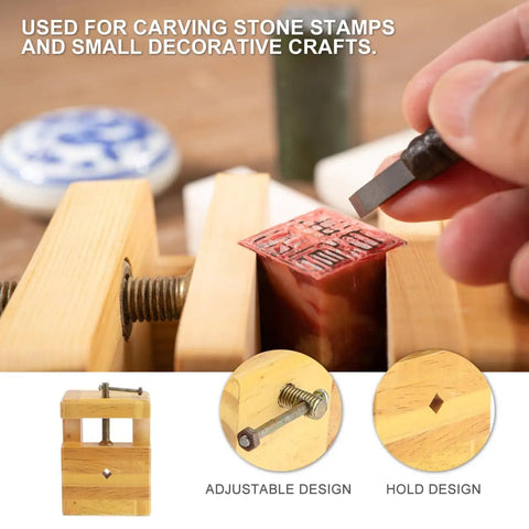 Adjustable Wood Carving Tool Clamp For Engraving And Seal Carving gripping a stone stamp with engraving tool