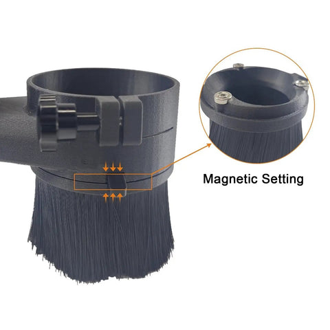 Dust Shoe Cover For CNC Router 80mm Spindle With Magnetic Suction, easy install, showing black detachable brush and magnet setting.