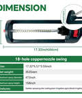 Beefy Base Oscillating Lawn Sprinkler With 18 Brass Nozzles shown with dimensions and features for yard care.