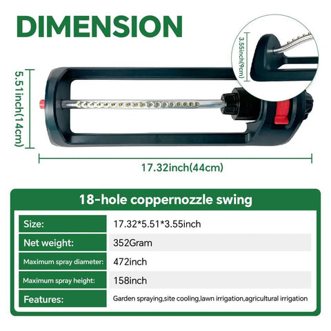 Beefy Base Oscillating Lawn Sprinkler With 18 Brass Nozzles shown with dimensions and features for yard care.
