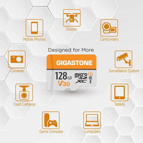 128GB Micro SD Card 2 Pack A1 V30 4K Video Ready Memory Card UHS I Class 10 With 95MBps Read And 40MBps Write MicroSDXC Includes 2 SD Adapters For Dash Cam Security Camera Drone Action Camera Smartphone Laptop with device compatibility icons