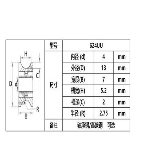 Dimensions chart for Rock Solid Deep Groove Ball Bearing U624UU 4X13X7 mm with specifications and measurements.