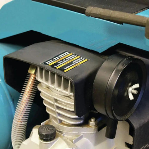 No Nonsense 3.0 HP Big Bore Air Compressor showing the solid cast iron pump and oil lubrication system detail.
