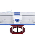 Premium Manual Router Table Lift Base Featuring Smooth Height Adjustment And Knockout Aluminum Build For Serious Shop Upgrades And Gnarly Woodworking Projects With Tight Tolerance Control, top view showing aluminum and red base.