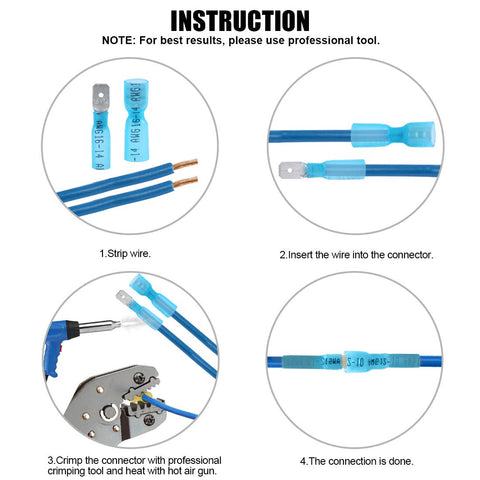 Instruction steps for using 100-Piece Fully Insulated Spade Terminal Kit For DIYers With Nylon Heat Shrink Waterproof Quick Disconnects.