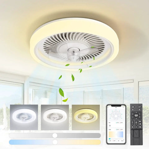 Bladeless 20 Inch Ceiling Fan With Remote Control Lights, 3 Color Temperatures, 6 Speed Wind, Dimmable LED shown with remote and controls