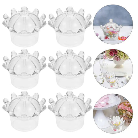 12 Pack Plastic Candy Packaging Boxes With Lids For Sweets And Snacks, displayed on event tables, crown-shaped lids