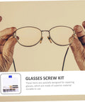 Pro Grade Glasses Repair Kit With Screws And Portable Screwdriver Tool For Eyeglasses And Sunglasses Quick Fixes On The Go Replacement Parts Set For Home Or Office Use displayed below held eyeglasses.