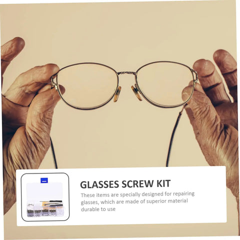 Pro Grade Glasses Repair Kit With Screws And Portable Screwdriver Tool For Eyeglasses And Sunglasses Quick Fixes On The Go Replacement Parts Set For Home Or Office Use displayed below held eyeglasses.