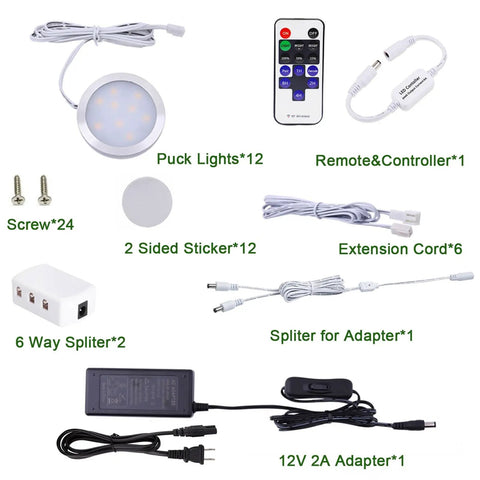 LED Under Counter Lighting Kit For Curio Cabinets And Displays, 12 Ultra Slim Puck Lights, 24W, 6000K Daylight White components