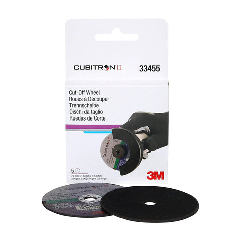 Cubitron II Cut Off Wheel 3 Inch Diameter 0.0625 Inch Thick With Three Eighths Inch Arbor 5 Pack with packaging